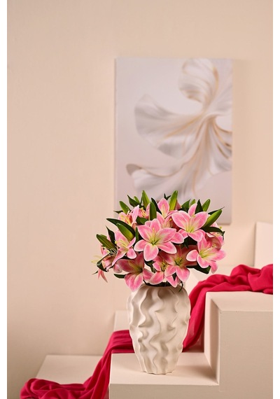 Pembe Yapay Zambak Çiçeği 2 Dallı Premium Canlı Islak Dokulu 45 Cm