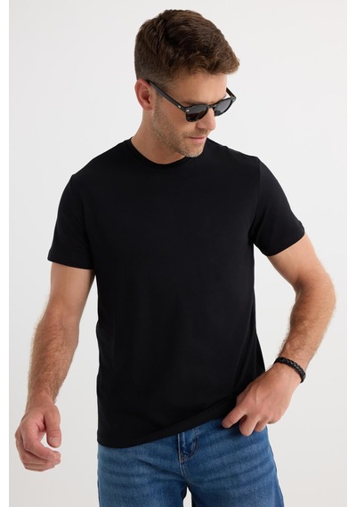 Tudors Erkek Slim Fit Dar Kesim Pamuklu Yumuşak Doku Likralı Esnek Kumaş Basic Siyah Bisiklet Yaka Tişört-20409
