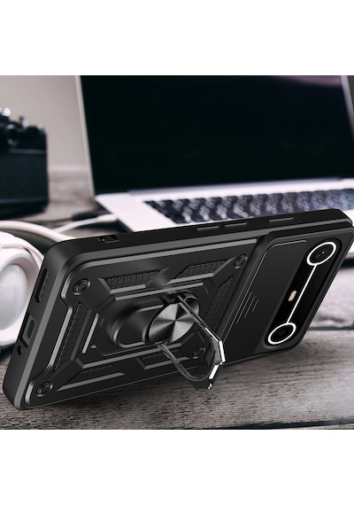 Zore Tecno Spark Slim 5g Kılıf Magnetik Standlı Kamera Korumalı Zore Sürgülü Vega Kapak - Mavi