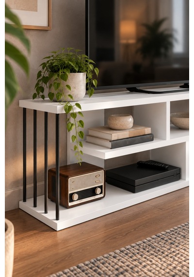 Sulorahome 140 Cm Tv Unit With Shelves And Metal Side Supports Beyaz