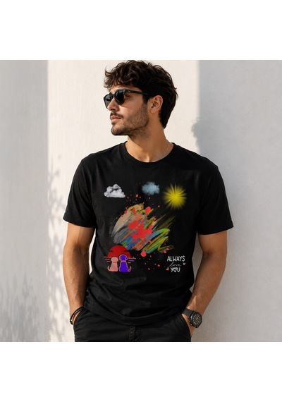 Gün Batımı Manzaralı Özel Tasarım Pamuklu Baskılı T-shirt Beyaz - Siyah