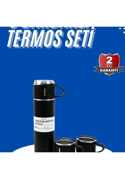3'lü Siyah Termos Ve Bardak Seti 500 Ml 316 Paslanmaz Çelik Vakum Yalıtımlı Çok Renkli