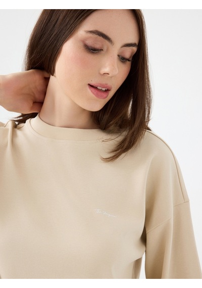 Loose Long Crop Kadın Tshirt K.kol Bej