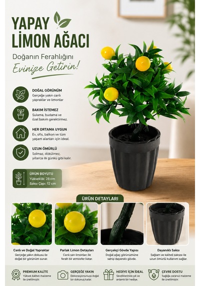 Dekoratif Saksılı Yapay Limon Ağacı - Yeşil Yapraklı Balkon Salon Mutfak Ofis Dekor Çiçeği Sarı