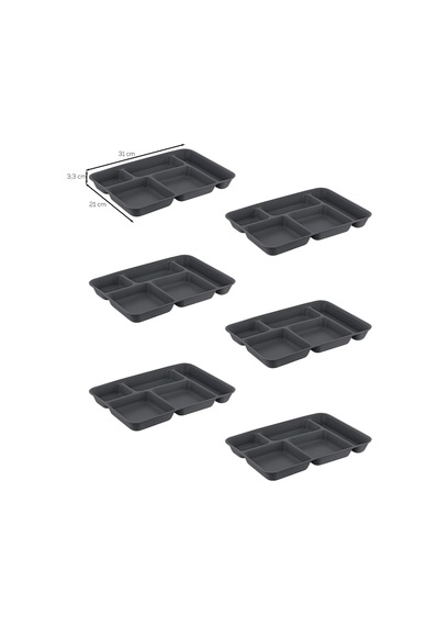 6 Adet 5 Bölmeli Bpa İçermez Lüks Plastik Piknik Yemek Servis Tabağı-tabldot Servis Tabağı Antrasit-21 31 3,5 Cm