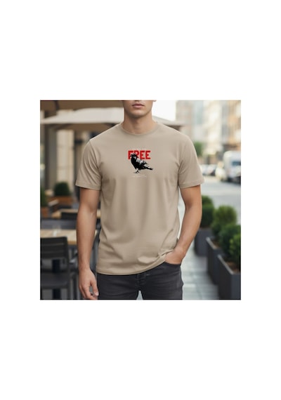 Urbantrendstore Unisex Özgür Kuş Free Birds Yazlık Tshirt Oversize Fit Rahat Geniş Salaş T-shirt Günlük Tişört Bej