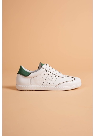 Analin Shoes Kadın Hakiki Deri Bağcıklı Süet Detaylı Spor Ayakkabı Beyaz - Yeşil
