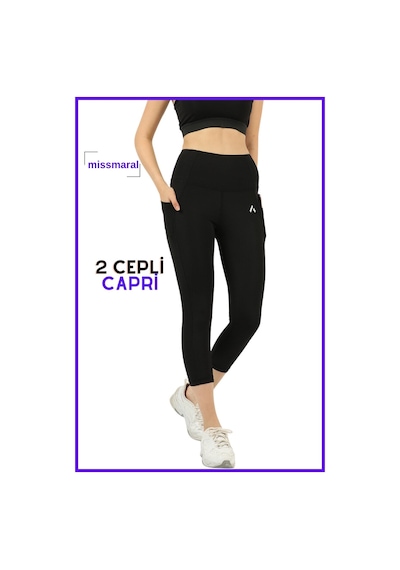 Missmaral Kadın Siyah Yüksek Bel Toparlayıcı Çift Cepli Diz Altı Kapri Tayt Capri Slim Fit 1054 SiYAH