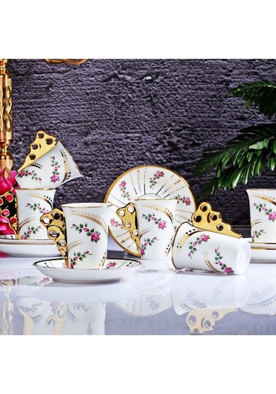 Rsy-143 90cc 6lı Uzun Kahve Fincan Takımı Rose Flower Çok Renkli
