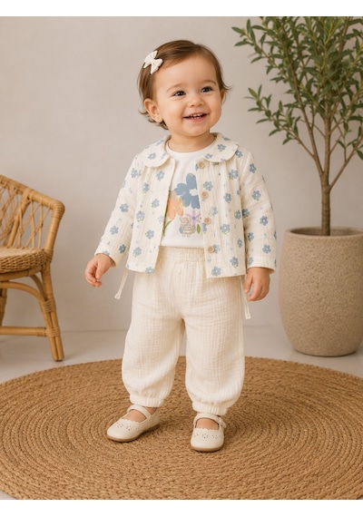 Elci Baby Müslin Kumaş Çiçek Ceketli Kız Üçlü Takım 9-24 Aylık - Öz3253410 - Mavi