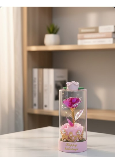 Işıklı Güllü Özel Cam Fanus Sevgililer Günü Hediyesi Sevgiliye Hediye 19 Cm Pembe
