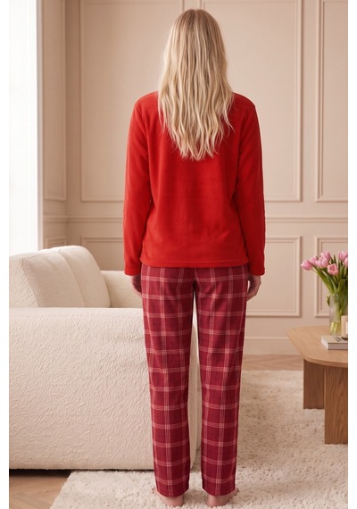 Siyah İnci Narçiçeği Nakışlı Alt-üst Polar Kışlık Örme Pijama Takım 26222131