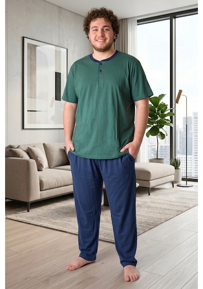 Bravie Erkek Yakası Düğmeli Altı Uzun Kısa Kollu Pamuklu Büyük Beden Yazlık Pijama Takımı Yeşil Yeşill
