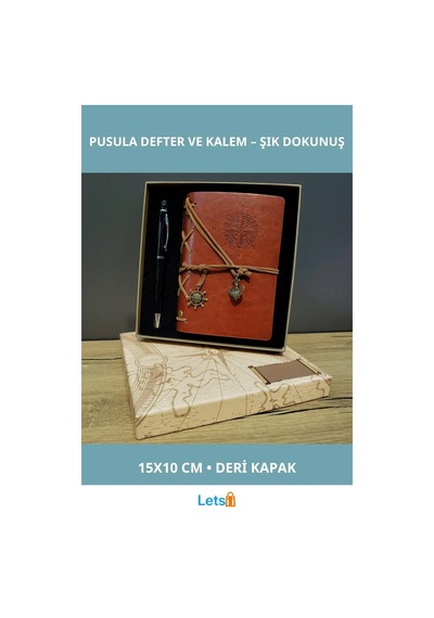 Kahverengi Pusula Tasarım Deri Defter Siyah Kalem Çok Renkli