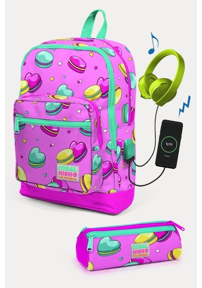 Coral High Kids Açık Pembe Su Yeşili Makaron Desenli Usb'li 2'li Okul Çanta Seti - Kız Çocuk