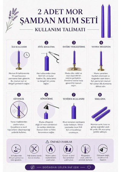 2'li Mor Şamdan Mum Seti 25 Cm Dekoratif İnce Şamdan Mum, Kokusuz Parafin Wax,%100 Pamuk Fitil, El Döküm, Uzun Diğer