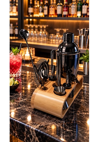 10 Parça Bambu Standlı Kokteyl Shaker Seti 700 Ml