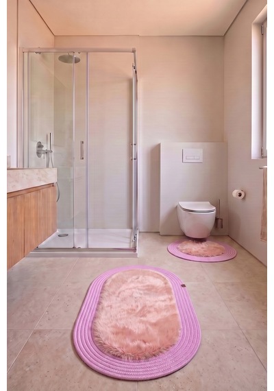 Banyo Paspası Takımı 60x100+60x60 Cm Düz Pembe & Pembe