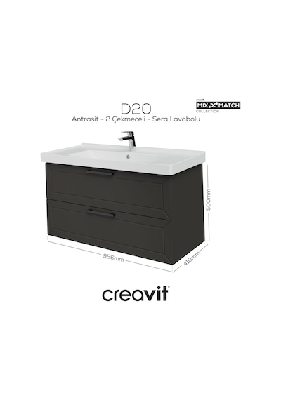 Creavit D20 100 Cm İki Çekmeceli Lavabo Dolabı Antrasit Lake Antrasit
