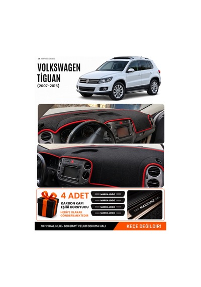 Volkswagen Tiguan 2007-2015 Uyumlu Torpido Örtüsü, Torpido Kılıfı - Siyah Kırmızı