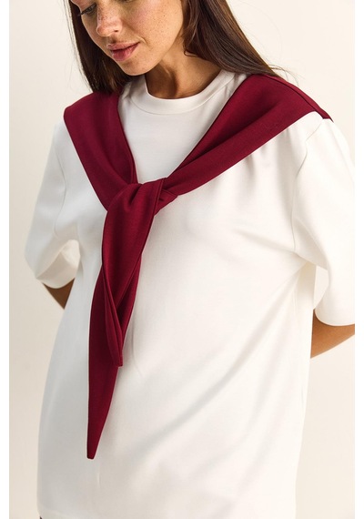 Shade Kadın Şal Detaylı Oversize Basic T-shirt 1094 60286118 - Beyaz-bordo Çok Renkli