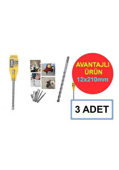 Matkap Ucu 12x210mm Sds Plus Beton Delme Duvar Taş Delici Drill Bit 3 Adet