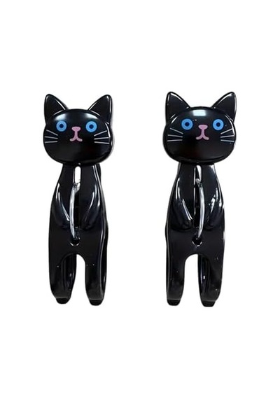 Siyah Kedi Şekilli Plaj Havlusu Mandalı, Plastik, Güçlü Tutuşlu, 2&apos Li Set Açık Ahşap