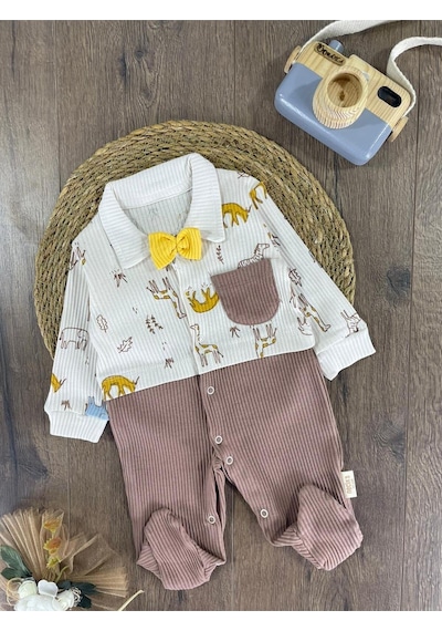 Bebicix Kaşkorse Esnek Papyonlu Animal Figürlü Patikli Çıtçıtlı Erkek Bebek Tulum Sütlü Kahve