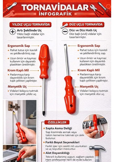 2'li Tornavida Seti, Düz Ve Yıldız Uçlu, Ergonomik Kaymaz Sap, Manyetik Çelik Uç, Ev Ve Atölye Kullanımı İçin