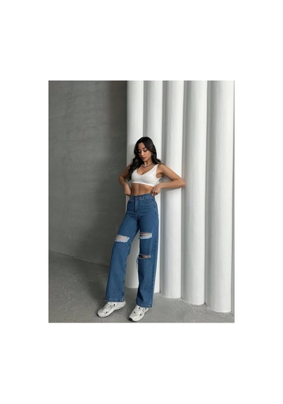 Kene Jeans Çift Diz Lazer Yırtık Mavi Bol Paça Jeans Mavi