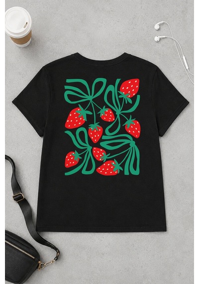 Spoyi Strawberry Bow Tasarımlı %100 Pamuk Yarım Oversize Siyah T-shirt