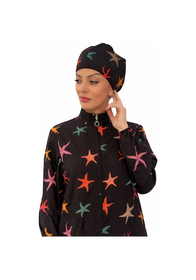 Wellway Beli Bağcıklı Fermuarlı Dijital Baskılı Tesettür Mayo- Bone Hediyeli-pembe Pembe