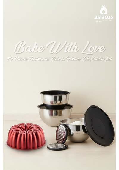Bake With Love 10 Parça Karıştırma Kabı & Döküm Kek Kalıbı - Kırmızı Kırmızı