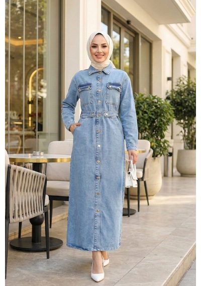 Hb Harma Time Butik Kadın Düğmeli Beli Detaylı Cepli Koyu Kot Mavi Elbise Mavi Mavi