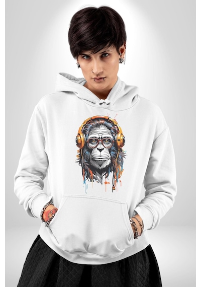 Kulaklık Maymun Müzik Dinliyor Kadın Erkek Beyaz Kapüşonlu Sweatshirt Hoodie Beyaz Kulaklık Maymun Müzik Dinliyor Kadın Erkek Beyaz Kapüşonlu Sweatshirt Hoodie Beyaz