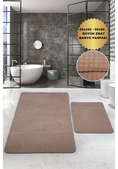 Kare Plus Vizon Büyük Ebat 80x150 + 50x80 Cm 2'li Banyo Paspası Yıkanabilir Klozet Takımı Vizon