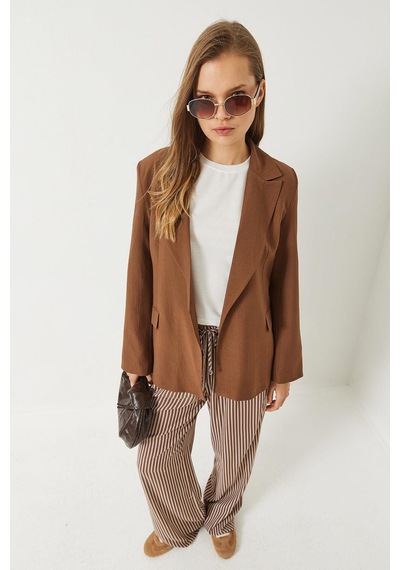 Kadın Vatkalı Astarı Çizgili Çilek Kumaş Blazer Ceket 50178 60283002 - Taba