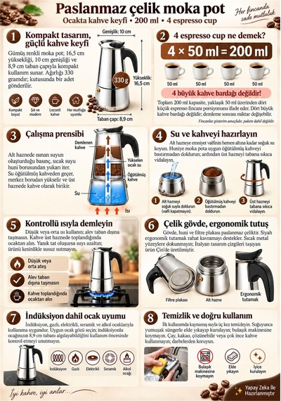 Çelik Ocak Üstü 4 Cup Fincan 200 Ml Moka Pot Espresso Cin285-4