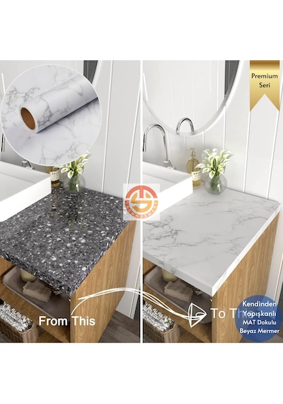 Technosmart 60x100cm Mat Mermer Desenli Kendinden Yapışkanlı Duvar Kağıdı Kaplama Mutfak Masa Folyo Beyaz
