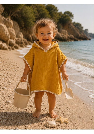4 Kat Çoban Dikişli Müslin Bebek / Çocuk Pançosu - Hardal 5 - 6 Yaş