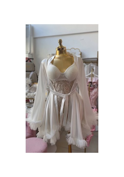 Mh Moony Homewears Beyaz Saten Sabahlık Destekli Tulum Beyaz