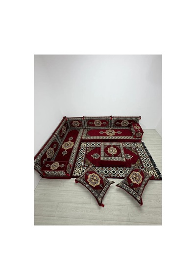 Güneş Modeli Bordo Otantik Şark Köşesi Takımı L Set - Geleneksel Yer Minderi Seti 10 Cm Minder Kalınlığı 13 Parça