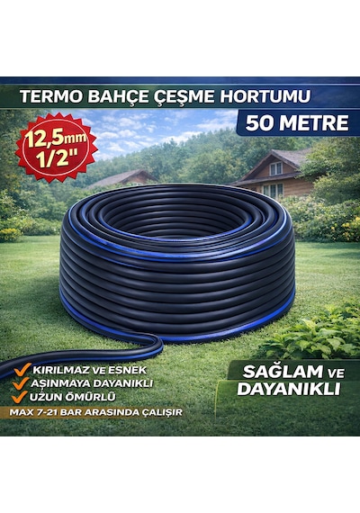 Termo Kauçuklu Bahçe Hortumu 50 Metre Dayanıklı 3 Katlı Sağlam Su Sulama Yıkama Hortum 12.5 Mm 1/2"