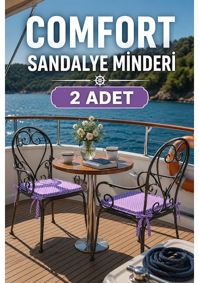 Comfort 2 Adet Sandalye Minderi Bağcıklı Özel Dikişli Süngerli Pamuklu Kumaş Sandalye Minderi Puanlı Mor
