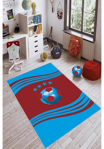 Bordo Ve Mavi Kaymaz Tabanlı Yıkanır Taraftar Halısı Vh053n11 Bordo - Mavi