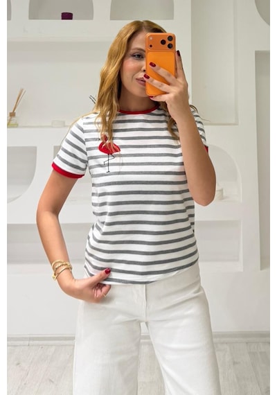 Fiolin Bisiklet Yaka Çizgili T-shirt Kirmizi