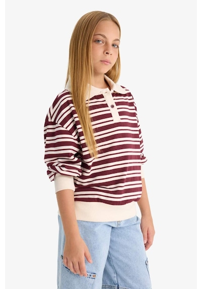 Defacto Kız Çocuk Relax Fit Polo Yaka Çizgili Uzun Kollu Okul Tişörtü F8399a825aubr194 Bordo