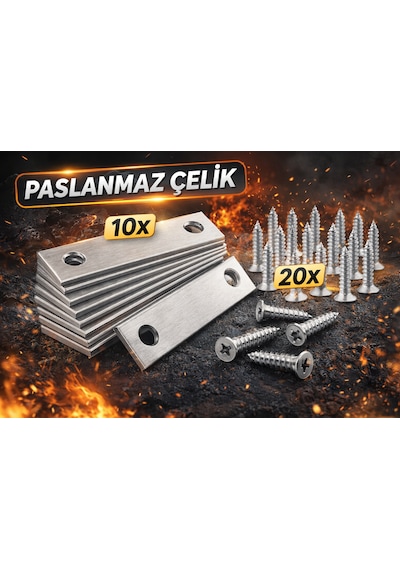 10 Ad. Düz Gönye Bağlantı Demiri 15x50 Mm 20 Ad Vida - Eşya Dolap Sabitleme Köşe Birleştirme Aparatı Metalik