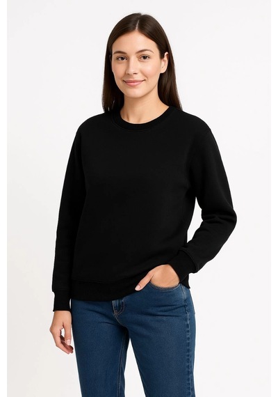 Primemagazam Kadın 3 İplik Pamuklu Düz Bisiklet Yaka Sweatshirt - Siyah Çeşitli