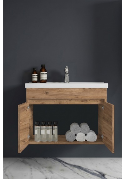 Çiğdem 80 Cm Atlantik Çam Mdf Seramik Lavabolu Asma Banyo Alt Dolabı